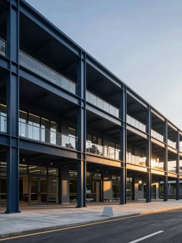 Wide-angle premium corporate photography of a modern high-tech architectural facility, natural daylight casting long gold shadows, deep navy steel structures, sharp medium format lens.