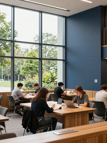Bright modern library and study hall with floor-to-ceiling windows, green trees visible outside, students reading at wooden tables, soft natural daylight.