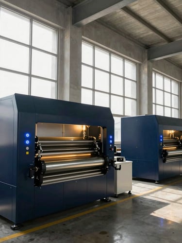 Wide-angle architectural shot of a modern clean industrial plastics factory, state-of-the-art extrusion machinery glowing with soft blue indicators, natural daylight streaming from high windows, deep navy accents, premium corporate photography.