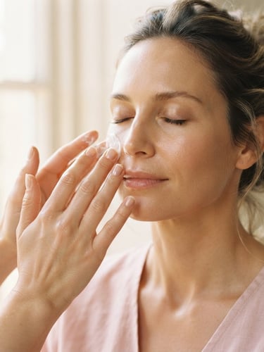 Soft close-up of hands applying a delicate cream onto a serene face, warm diffused window light, powder pink and cream tones, shallow depth of field, 35mm