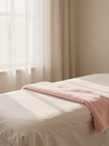 A serene treatment room with a minimalist massage table, soft linen, warm golden-hour window light, elegant and clean atmosphere, 35mm photography