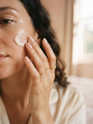Close-up of elegant fingers applying a delicate face cream, soft diffused window light, warm powder pink and cream tones, shallow depth of field, 35mm photography