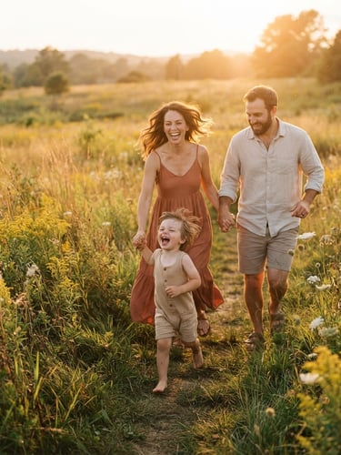 A joyful family running through a sun-drenched meadow at golden hour, a toddler laughing mid-stride, warm cinematic lighting, soft focus background