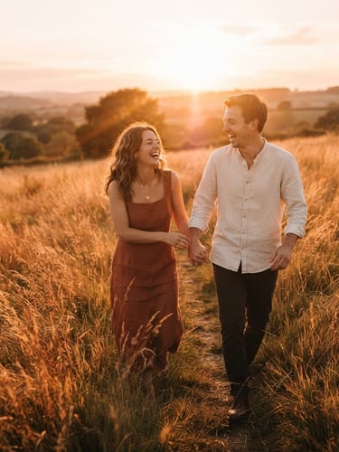 Cinematic medium shot of a young couple walking through a golden wild grass field at sunset, laughing spontaneously, warm sunlight flare, 35mm film aesthetic.