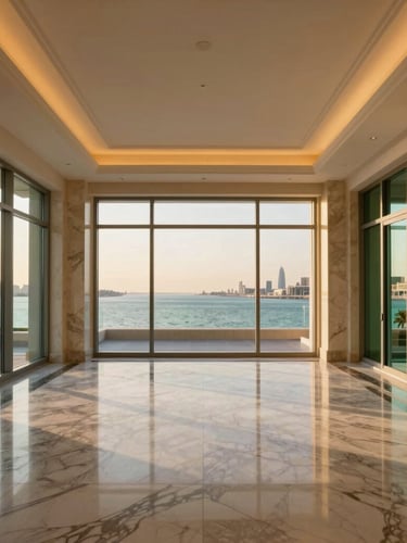 Symmetrical interior wide-angle of a sun-drenched luxury apartment in Pearl-Qatar, marble floors, gold fixtures, floor-to-ceiling windows showing water views, warm ambient light