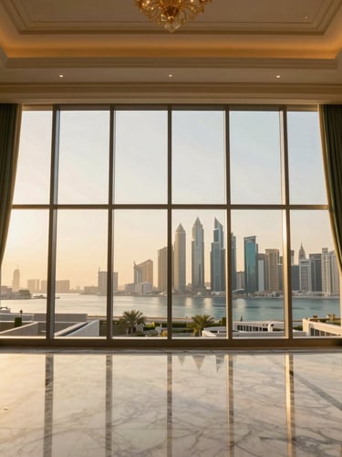 Symmetrical interior wide-angle of a luxury penthouse in The Pearl-Qatar, golden hour sunlight streaming through floor-to-ceiling windows, marble floors, gold fixtures, elite Doha skyline visible outside.