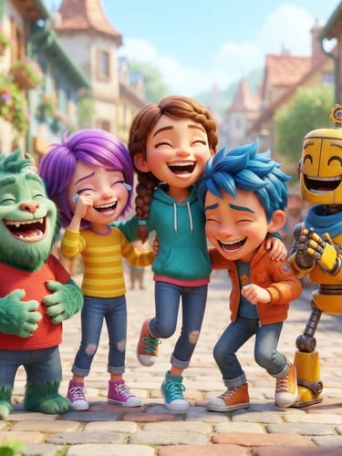 Vibrant 3D digital animation style character art of a group of friendly, colorful cartoon characters laughing together, bright high-key lighting, crisp clean render