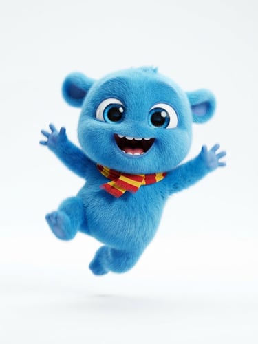 Vibrant 3D digital character render of a playful bouncing blue creature with large expressive eyes, bright high-key studio lighting, crisp white background, playful character art style.