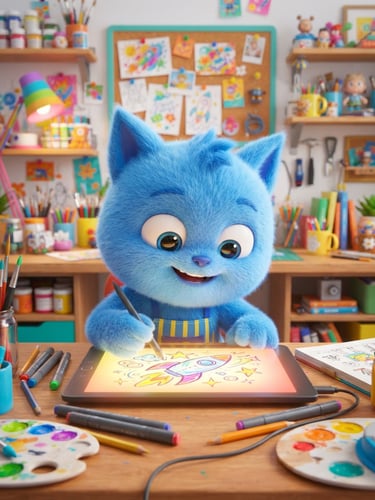 Vibrant 3D digital animation style, bright high-key lighting, a playful blue character with large expressive eyes sketching on a glowing tablet, colorful studio workspace background