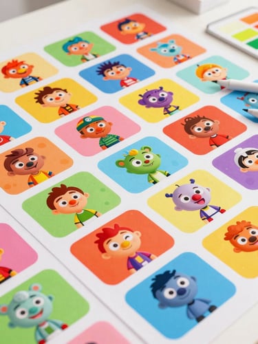 Bright flat-lay of an animator's desk covered in colorful character storyboards, digital stylus, and vibrant color palettes under soft high-key studio light