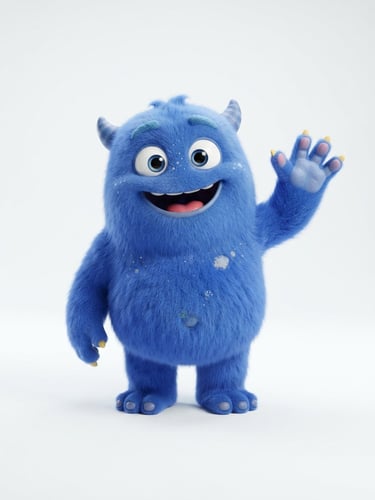 Vibrant 3D digital animation style, bright high-key lighting, a playful blue cartoon monster character waving with a friendly smile, clean white studio background