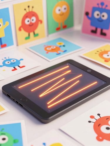 Vibrant 3D digital render of a creative animation desk with colorful character sketches, digital tablet glowing with bright orange lines, high-key studio light, playful character art style.