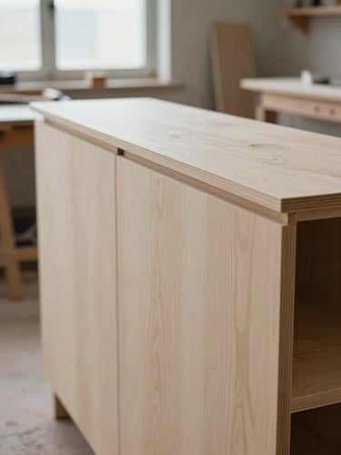 Close environmental shot of a half-finished bespoke cabinet facade in a workshop, curved MDF surface clamped to a jig under diffused natural light from a high window, wood grain and edge banding visible, no people, joinery tools in soft background blur