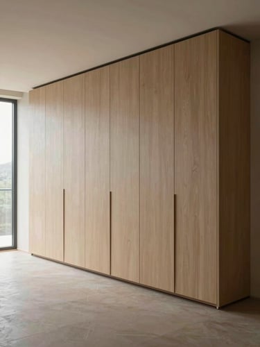 Wide elevation shot of a curved cabinet facade showing the continuous radius from floor to ceiling, natural daylight from a nearby window revealing the precise material transition at the edge, the surrounding room architecture visible to show spatial context