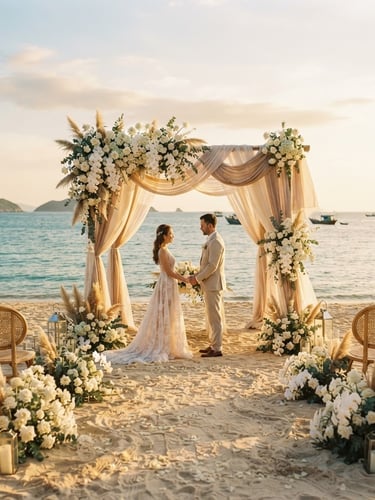 A breathtaking view of a luxury wedding altar on the Nha Trang beach at golden hour, draped in light champagne linens and delicate white orchids, soft sun-drenched editorial photography, 35mm