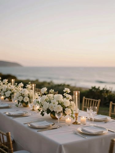 Close-up of a stunning coastal wedding reception table at sunset, tall white floral installations, flickering candles in gold holders, ocean breeze, 35mm