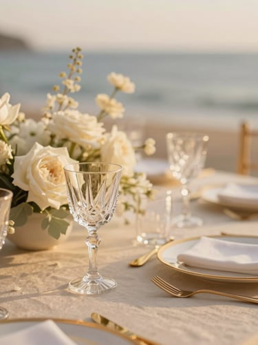 Extreme close-up of luxury wedding table decor, gold-rimmed crystal glassware on beige linen, delicate white floral arrangements, warm golden-hour coastal light, shallow depth of field