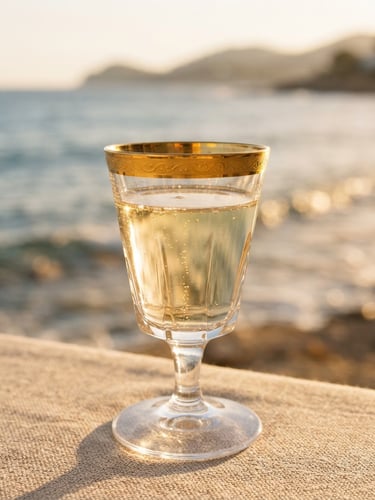 Extreme close-up of gold-rimmed crystal glassware on beige linen, soft golden-hour coastal light reflecting off the ocean waves, warm luxury editorial photography, 35mm