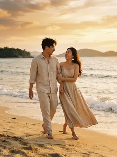 A gorgeous editorial portrait of a Vietnamese couple walking along the golden-sand Nha Trang beach at sunset, warm golden hour light, soft beige linen details, 35mm photography