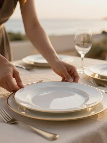 A professional wedding planner arranging delicate gold-rimmed tableware on beige linen, soft natural coastal light, close-up, shallow depth of field