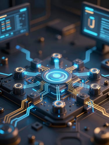 Macro 3D vector schematic of a decentralized cryptographic network node, glowing electric blue and gold data paths running across dark structural blocks, terminal screen aesthetic.
