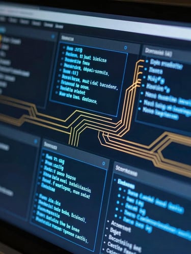 Macro view of a dark terminal interface showcasing glowing electric blue system schematics, clean UI dashboard elements, and gold data flow vectors.