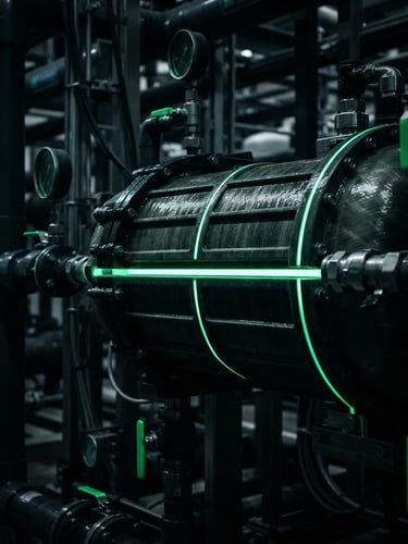 Macro close-up of a glowing reverse osmosis membrane housing with sharp neon green laser lines, dark high-contrast industrial water technology, 35mm lens