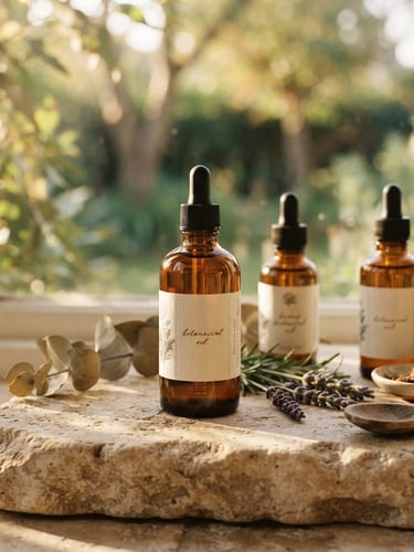 Warm sun-dappled still life of amber glass bottles of botanical oils on a textured stone surface, soft natural shadows, shallow depth of field, cream and botanical green tones.