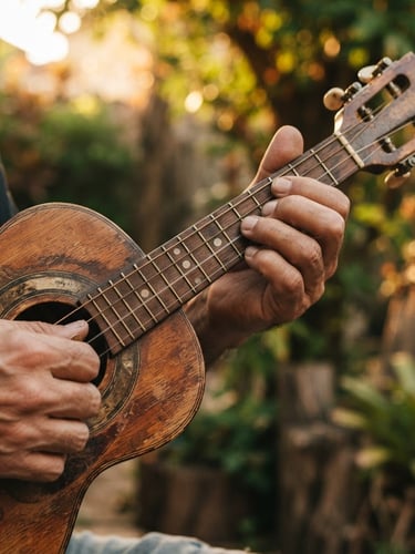 Close-up of hands holding a cavaquinho, fretboard in focus, worn wood texture, warm moody lighting, 35mm, golden hour in a backyard.