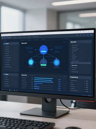 Clean modern office dashboard showing secure data flows on a monitor, cool blue and slate gray lighting