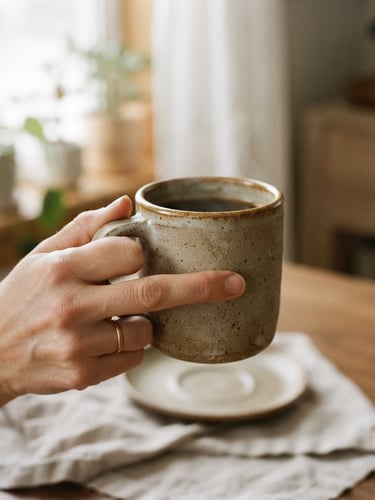 Close-up of a hand holding a warm ceramic mug, soft morning window light casting quiet shadows, raw clay texture visible, 35mm lens