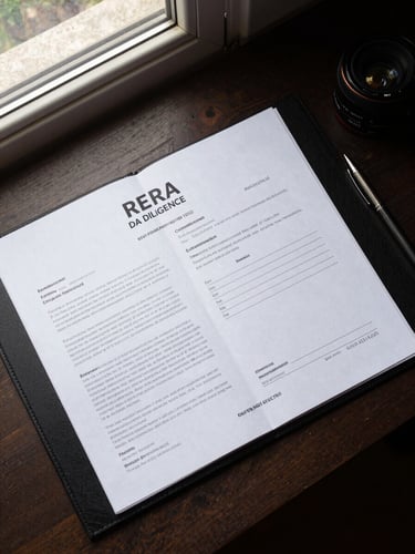 Flat-lay overhead of a property due-diligence folder open on a desk, printed RERA certificate and encumbrance document visible, natural north-facing window light, no dramatic shadows, pen resting to the side