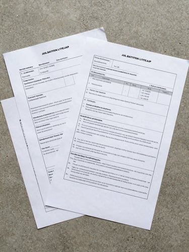 Flat-lay overhead of property documents — legal title deeds, soil report pages, and a printed yield analysis spreadsheet on a warm gray concrete surface, overcast north-facing daylight, no shadows, papers slightly overlapping