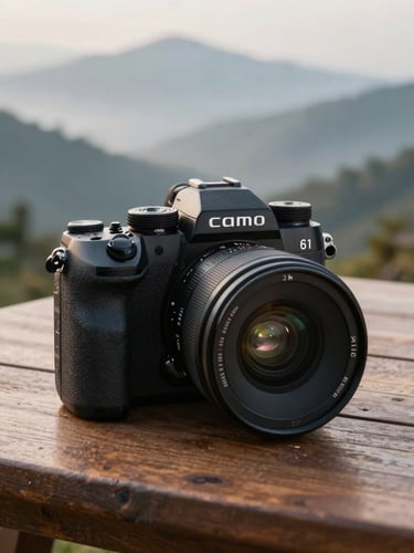 A high-end mirrorless camera resting on a wooden table overlooking a misty mountain range, soft natural morning light.