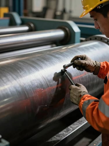 A close-up of a field engineer in high-vis gear using a micrometer on a massive industrial steel printing roller, dramatic workshop shadows