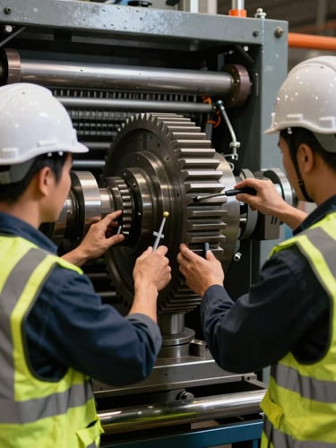 A close-up of two professional field engineers in high-vis safety vests and hardhats calibrating a massive industrial steel gear on a printing press, dramatic high-contrast workshop lighting, sharp focus