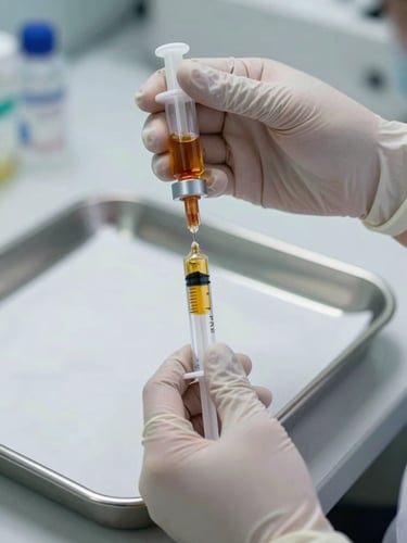 Close-up of a physician's gloved hands drawing amber PRP from a centrifuge tube into a syringe, sterile clinical tray in background, cool white LED lighting, sharp focus on the syringe tip