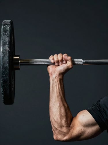 Close-up wide frame: a personal trainer's hands gripping a barbell mid-lift in a stripped-back gym, sharp directional light from the left casting crisp shadows across the forearms and knurled steel, subject positioned right-center, deep charcoal background, no faces, raw exertion visible in the tension of the grip