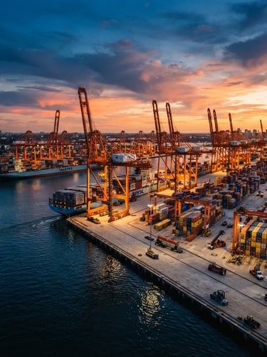 Cinematic industrial photography, wide-angle lens, a massive container terminal at sunset, deep blue water, orange glow on cranes, sharp details, 35mm