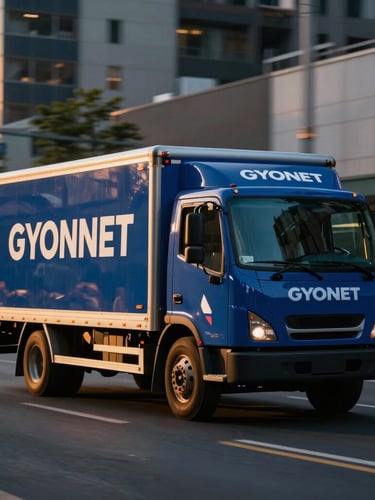 Portrait-oriented, dynamic shot of a modern delivery truck with GYONET branding driving through a city street at golden hour, sharp focus on the truck, blurred urban background, deep blue and orange tones.