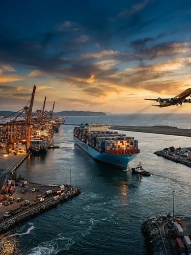 Amplia vista panorámica de un puerto de contenedores al atardecer, un buque de carga masivo en el centro, grúas industriales a la izquierda, y un avión de carga despegando en la distancia a la derecha, luz dorada dramática, tonos azul y naranja.