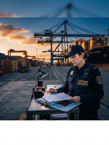 Primer plano de un oficial de aduanas revisando documentos en un puerto de carga, con contenedores y un buque en el fondo, luz dramática de hora dorada, tonos azules y naranjas, perspectiva amplia.