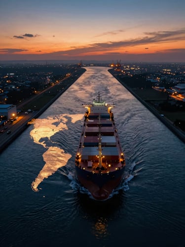 Vista aérea dramática de un carguero navegando por un canal estrecho entre continentes, con rutas de envío iluminadas digitalmente sobre el mapa, luz de atardecer, tonos profundos de azul y naranja, cinemático.