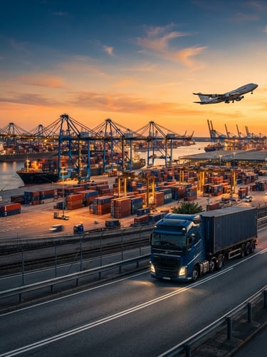 Wide panoramic view of a bustling global port at golden hour, featuring large container ships, cranes, and a modern cargo plane taking off in the background, with a sleek semi-truck driving on a road in the foreground. Dramatic industrial lighting, deep blue and orange tones, sharp details, wide-angle lens, cinematic industrial photography.
