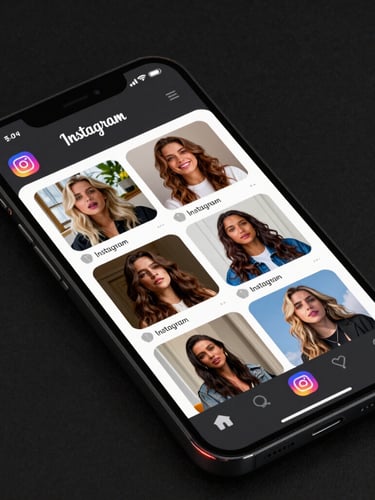 Angled macro mockup of a high-fidelity mobile screen displaying an active Instagram feed with rich video thumbnails, dark mode interface, neon edge-lighting.