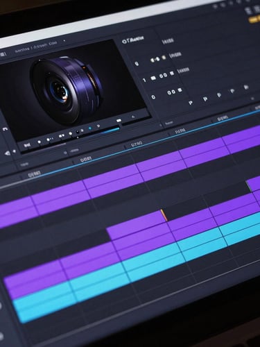 Angled high-contrast mockup of a dark-mode video editing timeline showing layered audio tracks and vibrant purple color-grading highlights.