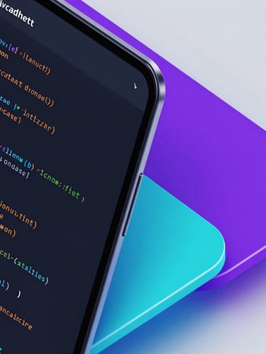 Angled high-fidelity dark-mode UI mockup displaying sleek code blocks on the left, transitioning into vibrant electric violet and cyan branding assets on the right, high-contrast studio lighting with neon edge-glows, clean isometric composition.