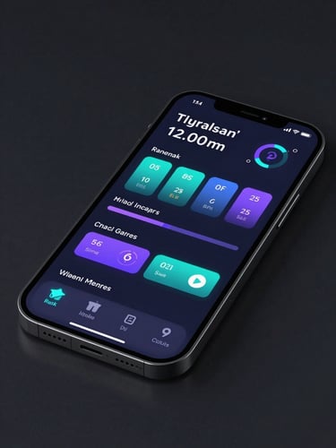 A portrait crop of a high-fidelity mobile UI mockup showing real-time conversion analytics, glowing cyan and violet interface elements reflecting on a dark screen, studio lighting.