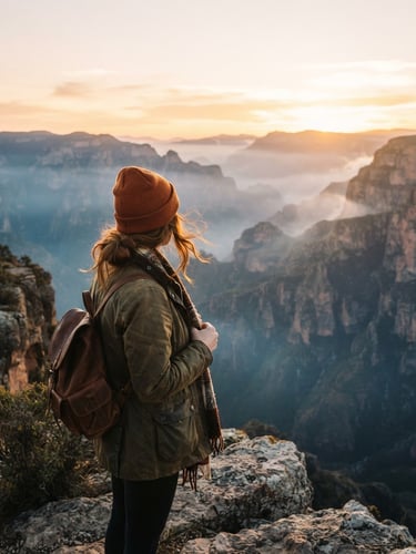 Portrait of a traveler looking out over a misty canyon in Copper Canyon at sunrise, warm golden-hour light, 35mm film look.