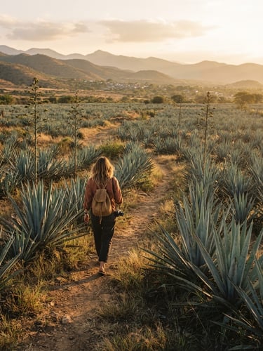 Wide environmental shot of a traveler walking through a majestic, sun-drenched agave field in Oaxaca at golden hour, warm 35mm film style, soft shadows, premium editorial feel